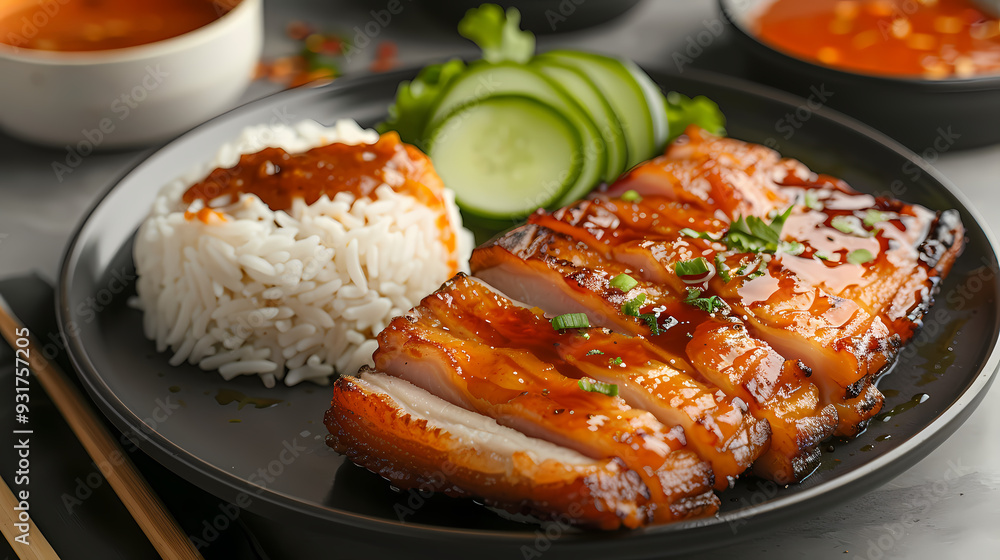 A plate of crispy pork belly served with fluffy steamed rice , garnished with cucumber slices and a side of spicy dipping sauce A plate of crispy pork belly served with fluffy steamed rice , garnished with cucumber slices and a side of spicy dipping sauce
