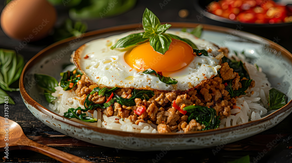 A plate of spicy basil stir-fry with minced pork , topped with a crispy fried egg A plate of spicy basil stir-fry with minced pork , topped with a crispy fried egg
