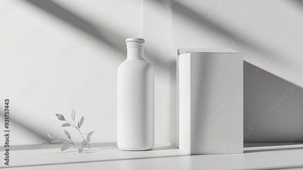 A minimalist composition featuring Mockup white bottle, white box, and delicate plant, evoking sense of calm and simplicity. A minimalist composition featuring Mockup white bottle, white box, and delicate plant, evoking sense of calm and simplicity.