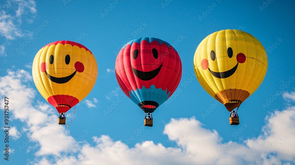 Fototapeta premium Colorful hot air balloons with happy faces floating in the sky