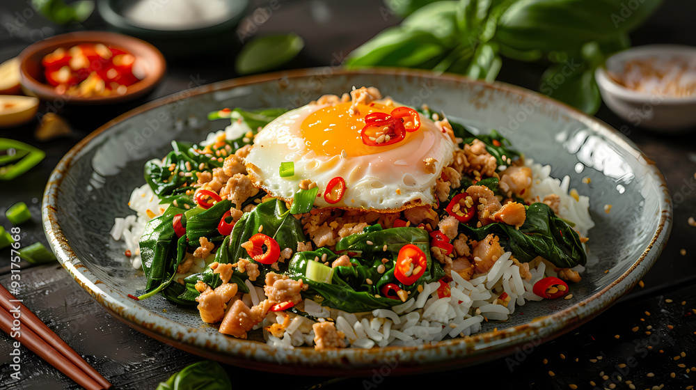 A plate of spicy basil stir-fry with minced pork , topped with a crispy fried egg A plate of spicy basil stir-fry with minced pork , topped with a crispy fried egg