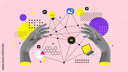 Banner collage of human hands manage daily. Handling halftone effect with doodles on pink background with hand drawn texture. Vector trendy illustration