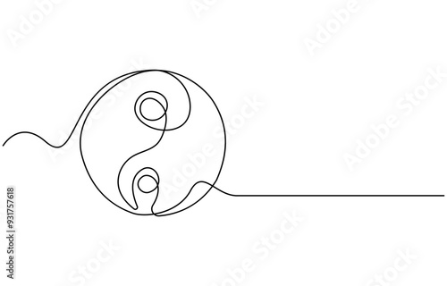 Continuous editable line drawing of Yin Yang symbol, One line drawing of Yin Yang icon, Vector illustration, Yin Yang symbol in one line, Yin and yang sketch, One line continuous hand drawing