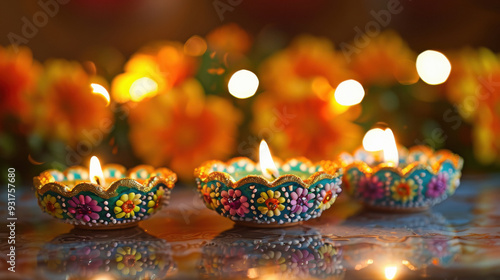 beautifully decorated diyas for diwali festival