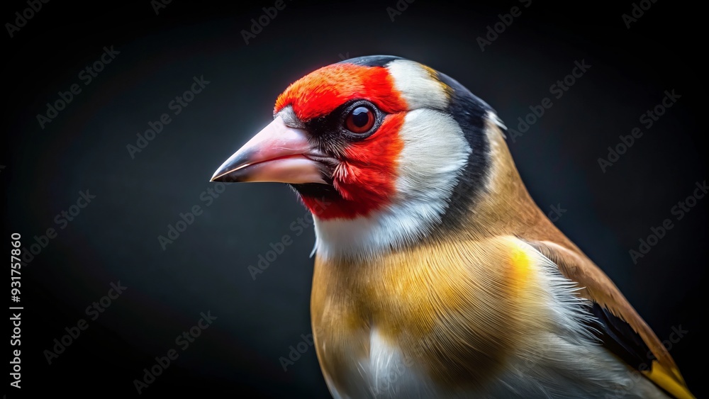 Fototapeta premium intense gaze of a goldfinch against stark black background high-contrast lighting bold vibrant colors dramatic portrait