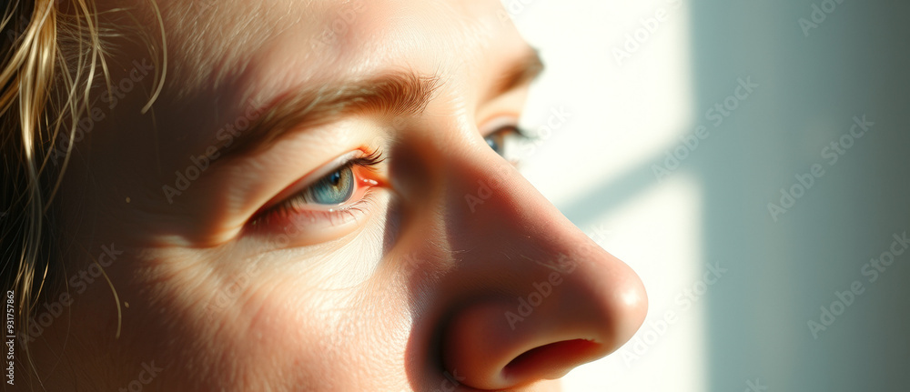 Fototapeta premium Close-up of a woman's eye and nose, lit by sunlight