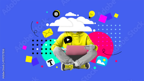 Composite collage photo artwork of headless person innovations concept. Creative template collage of developer working hardly on project. Vector illustration