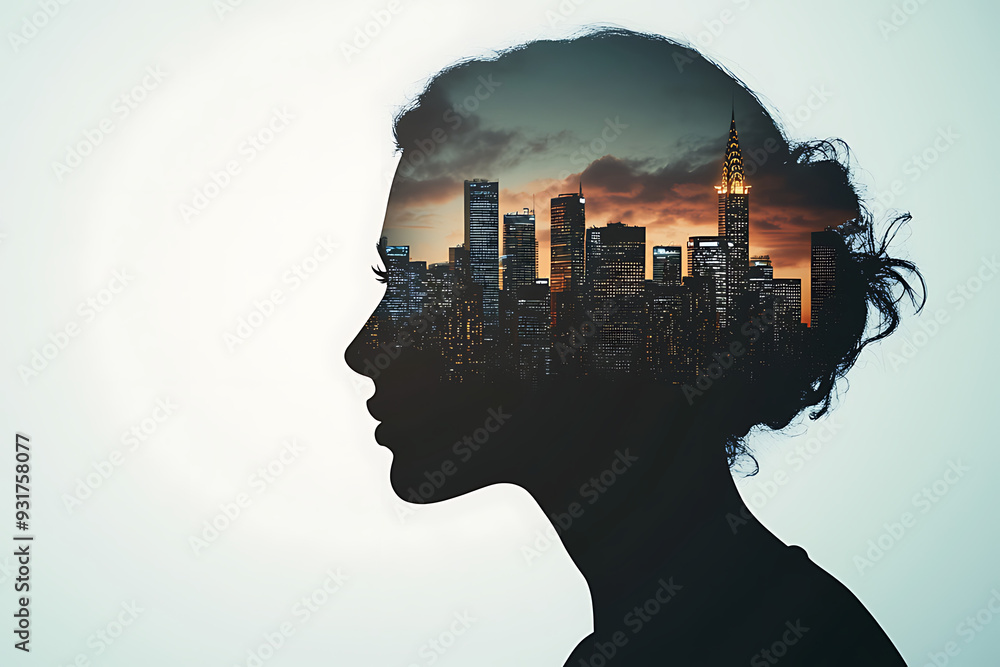 A silhouette of a person’s profile with an overlay of a city skyline at sunset or sunrise within the outline of the head A silhouette of a person’s profile with an overlay of a city skyline at sunset or sunrise within the outline of the head