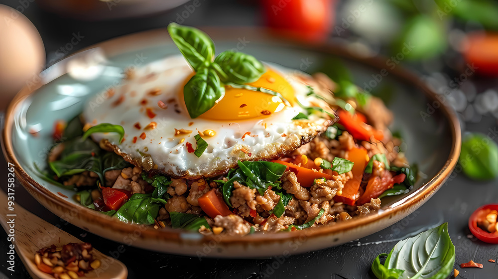 A plate of spicy basil stir-fry with minced pork , topped with a crispy fried egg A plate of spicy basil stir-fry with minced pork , topped with a crispy fried egg