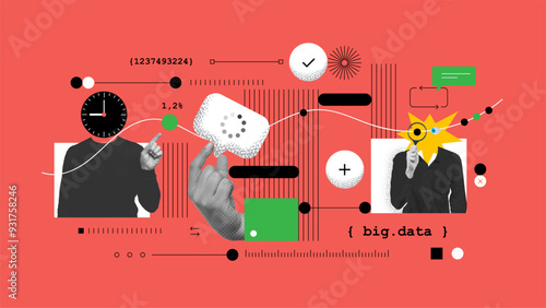 Halftone collage in bright colours. Data analytics or marketing seo optimization illustration concept with abstract infographics tabs and graphs. Vector illustration