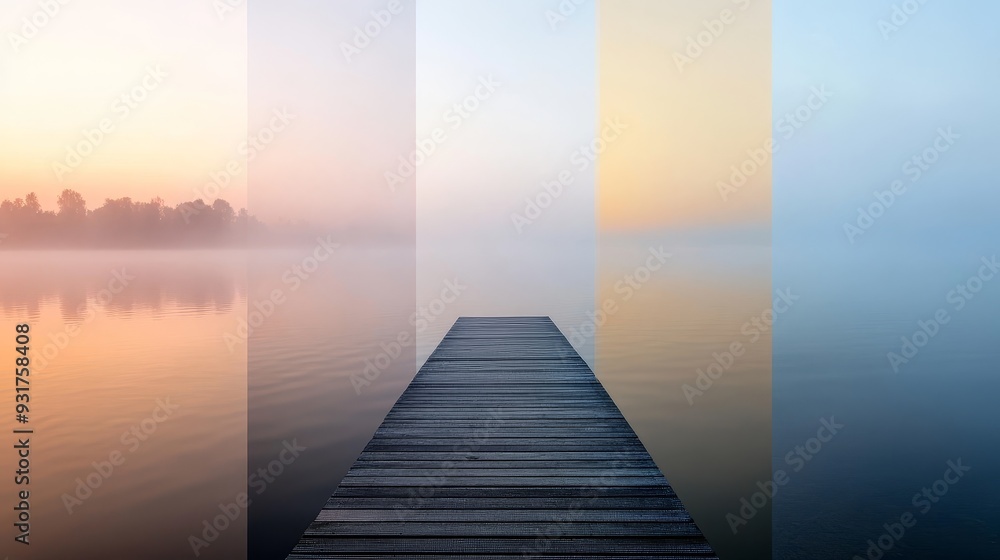 Fototapeta premium Serene Sunrise at Rectangular Lake Dock - Calm Water and Tranquil Foggy Atmosphere | Nature Relax Wallpaper Collection