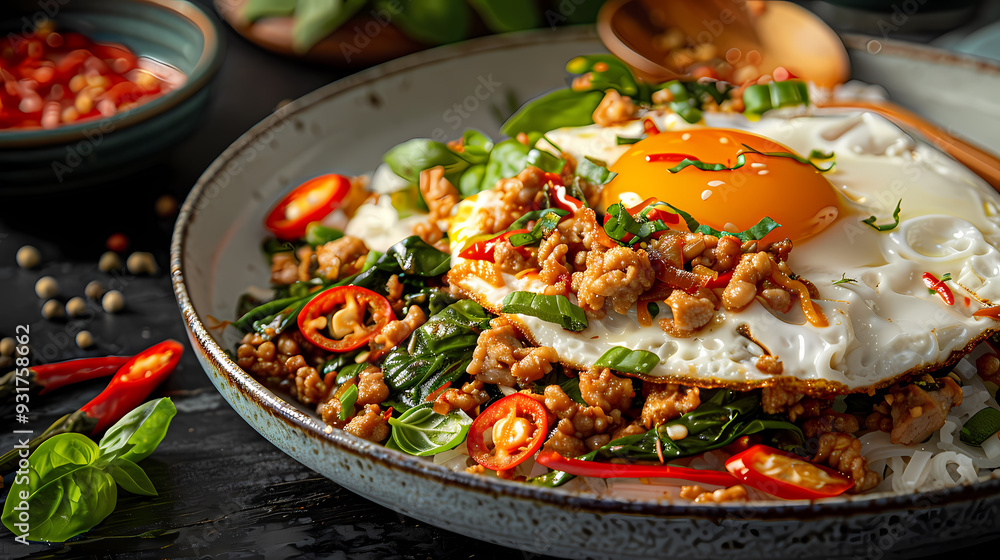 A plate of spicy basil stir-fry with minced pork , topped with a crispy fried egg A plate of spicy basil stir-fry with minced pork , topped with a crispy fried egg