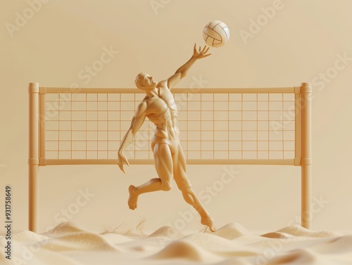 Golden Spiker: A stylized 3D model of a volleyball player leaps for a spike, the golden hue of the sand and net creating a minimalist, artistic scene. A powerful moment captured in a unique style.  photo