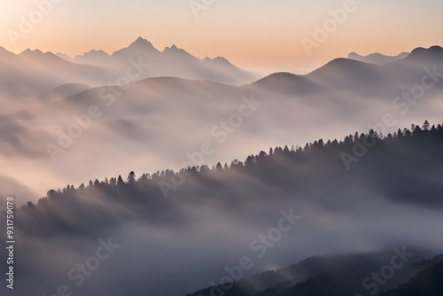 Bokeh effect on a misty mountain range at sunrise, Ai Generated