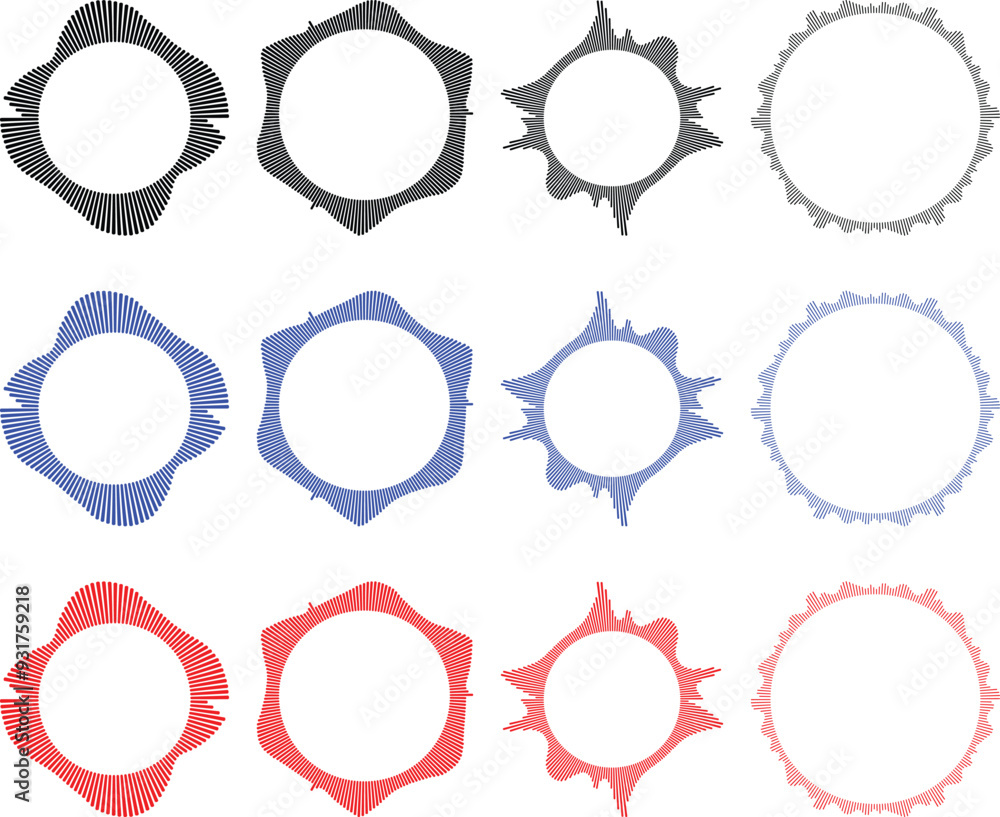 Circle sound wave collection. High frequency radio wave, Sound waves, Equalizer, Audio waves, Radio signal. Symbol of waveform burst rays. Circle sound wave collection. High frequency radio wave, Sound waves, Equalizer, Audio waves, Radio signal. Symbol of waveform burst rays.