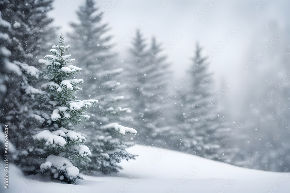 Fototapeta premium Soft focus background of a snowy landscape with pine trees and gentle snowfall, AI Generated
