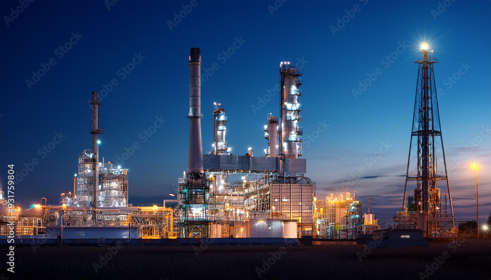 A nighttime petrochemical facility with a refinery and tower for the oil and gas industry. A nighttime petrochemical facility with a refinery and tower for the oil and gas industry.
