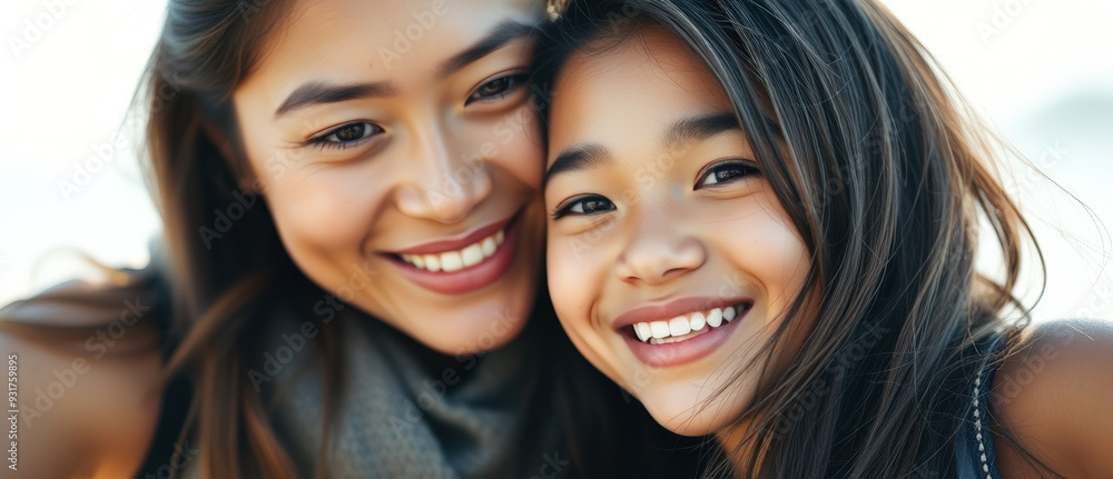 Close-up of two beautiful women smiling at each other Close-up of two beautiful women smiling at each other