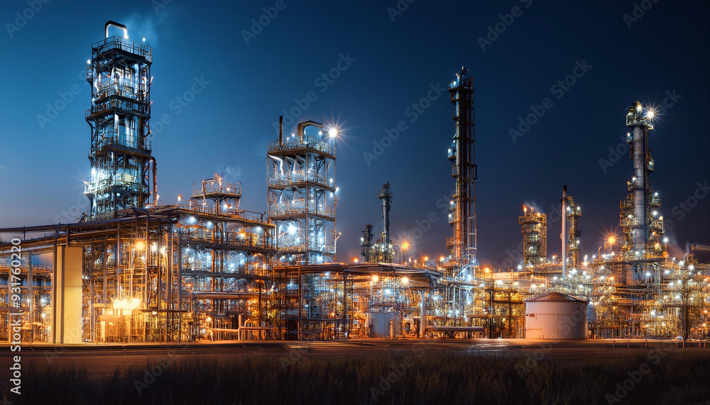 A petroleum processing facility at night in the petrochemical sector of the energy industry. A petroleum processing facility at night in the petrochemical sector of the energy industry.
