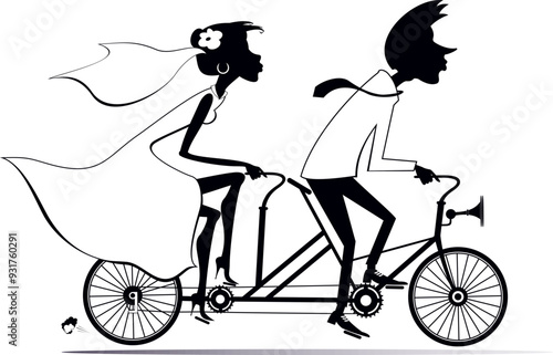 Heterosexual married wedding couple rides on a tandem bike. 
Happy man and woman in the white dress and bridal goes marriage on the tandem bike. Black and white
