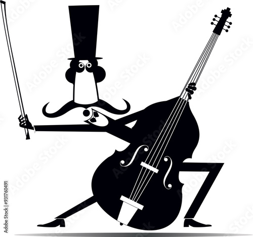 Cartoon long mustache cellist in the top hat. 
Smiling mustache man in the top hat with cello and fiddlestick. Black and white illustration
