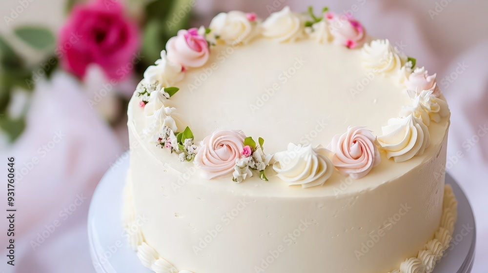 Elegant White Cake with Pink Rose Decorations Elegant White Cake with Pink Rose Decorations