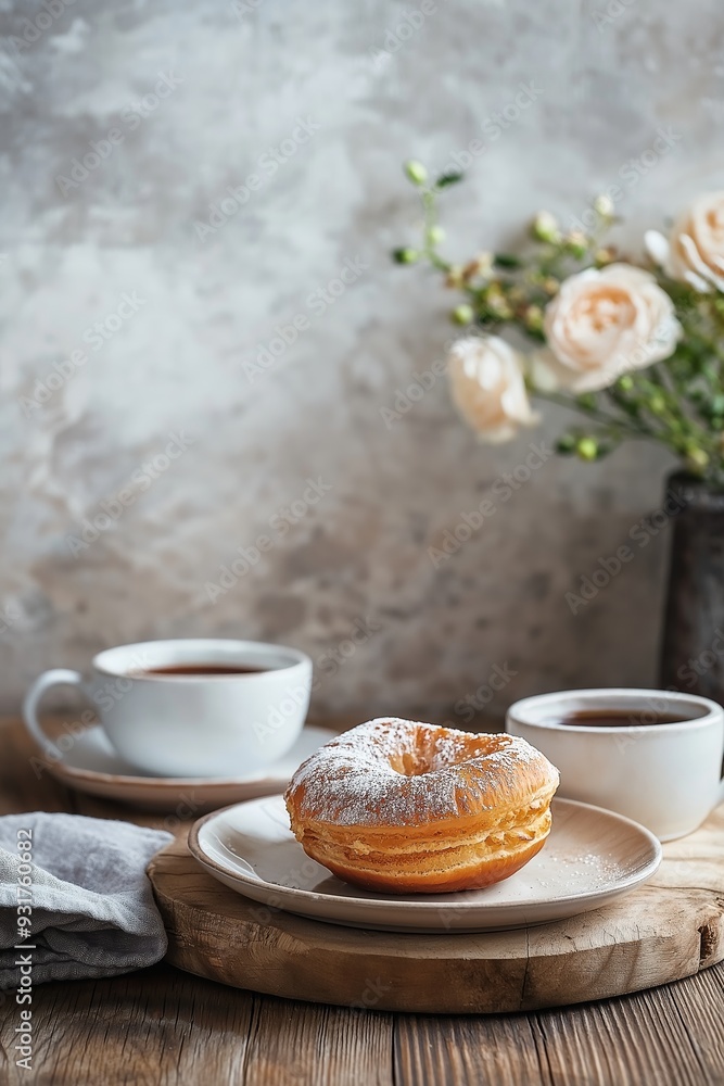 Two cups of coffee with a pastry on a wooden table, accompanied by a vase of flowers in the background, creating a cozy setting. Two cups of coffee with a pastry on a wooden table, accompanied by a vase of flowers in the background, creating a cozy setting.