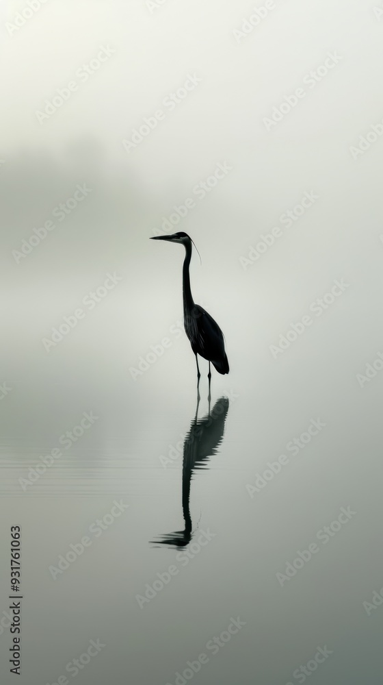 Solitude's Reflection: A heron finds tranquility in the misty stillness of dawn, its elegant silhouette mirrored perfectly in the water, phone wallpaper Solitude's Reflection: A heron finds tranquility in the misty stillness of dawn, its elegant silhouette mirrored perfectly in the water, phone wallpaper