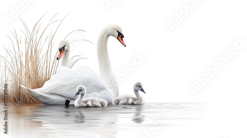 Swan family nestled together on the shore minimalist art media by magazine photo