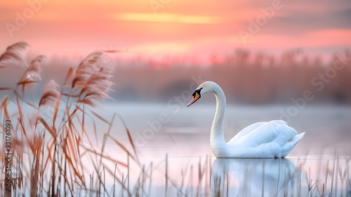 Swan among the reeds at dusk minimalist art media by magazine photo