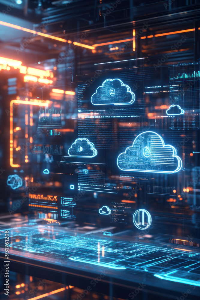 Obraz premium Cloud API integration, A bright holographic interface detailing cloud integration using API technology inside a futuristic workspace. The scene features floating graphs, cloud