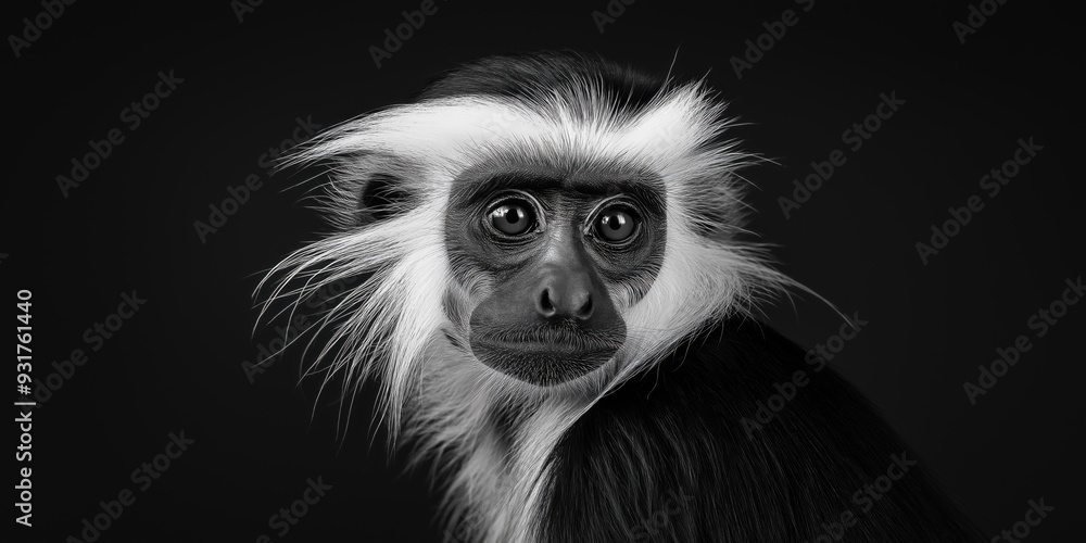 Photo of a Black & White Colobus monkey isolated against a black background, emphasising the Black & White Colobus monkey's majestic features. Wildlife and conservation concept, space for copy. Photo of a Black & White Colobus monkey isolated against a black background, emphasising the Black & White Colobus monkey's majestic features. Wildlife and conservation concept, space for copy.