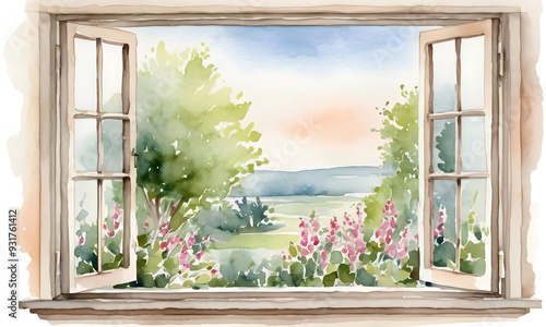 Watercolor View through open window on lush garden. Calming image for relaxation and wellness spaces. AI Illustration