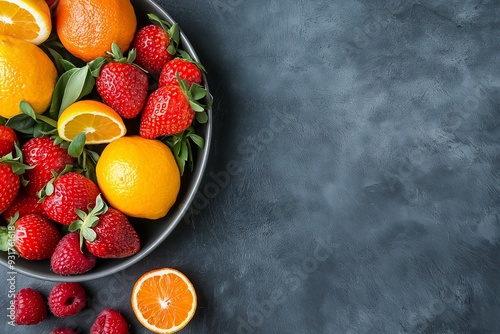 A vibrant bowl filled with fresh strawberries, oranges, and raspberries, symbolizing health and freshness. photo