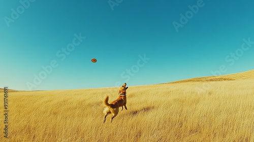 Joyful Canine Playtime: Dog Sprinting Through Lush Grass, Frisbee in Sight, Under a Pristine Blue Sky - A Celebration of Outdoor Freedom and Pet Enthusiasm photo