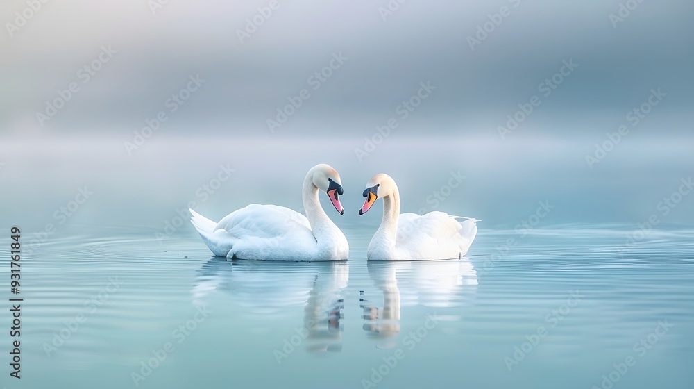 Swan pair mirrored in still waters at dawn minimalist art media by magazine Swan pair mirrored in still waters at dawn minimalist art media by magazine