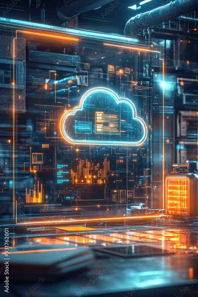 Obraz premium Cloud file integration, A high-tech hologram illustrating file integration in a cloud network, with luminous data connections and graphical representations, in a futuristic office