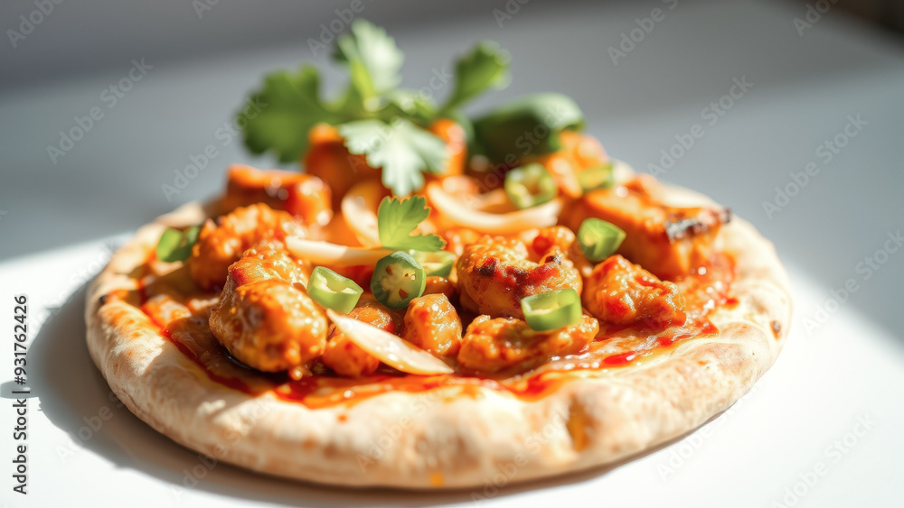 Close-up of a delicious pizza with chicken and vegetables Close-up of a delicious pizza with chicken and vegetables