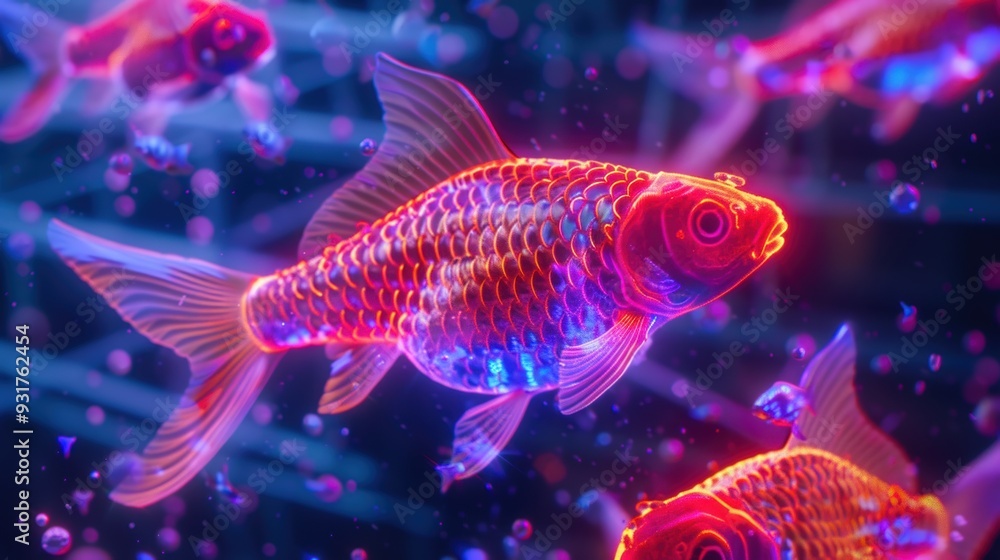 Fototapeta premium Neon Fish: A school of vibrant goldfish swim through a surreal, neon-lit underwater world. Their scales shimmer with iridescent hues, creating a mesmerizing spectacle of color and movement. 
