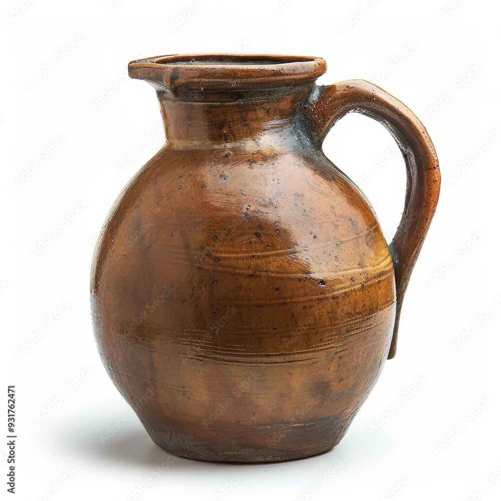A rustic brown ceramic pitcher with a wide mouth and a single handle, isolated on a white background. A rustic brown ceramic pitcher with a wide mouth and a single handle, isolated on a white background.