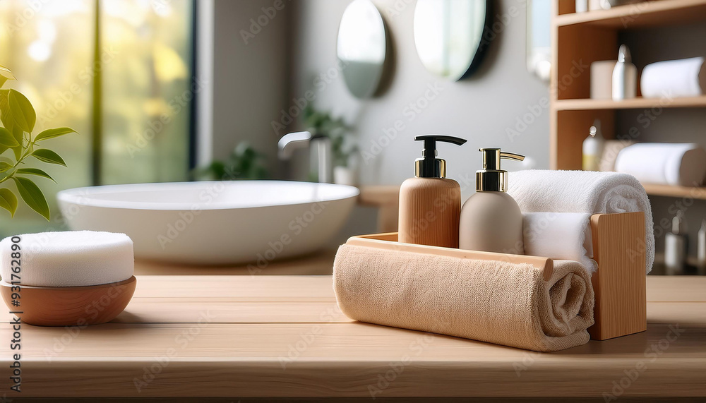 A wooden stand for bath and spa items in a blurred restroom. A wooden stand for bath and spa items in a blurred restroom.