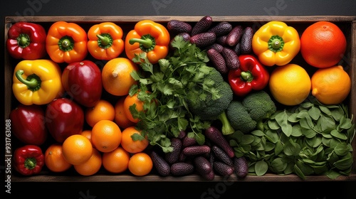 Crate with different fresh vegetables on light background, top view. 