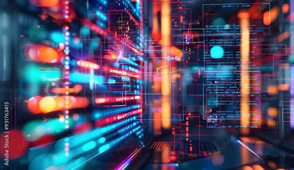A digital illustration of an abstract data center with glowing symbols representing various types of blockchain logos, surrounded by holographic code and futuristic tech elements. The background is da A digital illustration of an abstract data center with glowing symbols representing various types of blockchain logos, surrounded by holographic code and futuristic tech elements. The background is da
