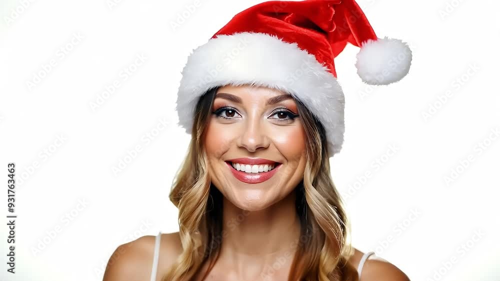 Smiling woman in a Santa hat winking against a white background Smiling woman in a Santa hat winking against a white background