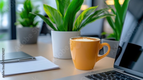 A laptop computer with a cup of coffee on it next to an open notebook, AI