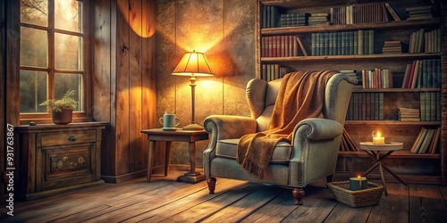 nostalgic vintage book nook cozy reading corner worn armchair vintage lamp soft warm lighting favorite classic novels quiet afternoon peaceful atmosphere