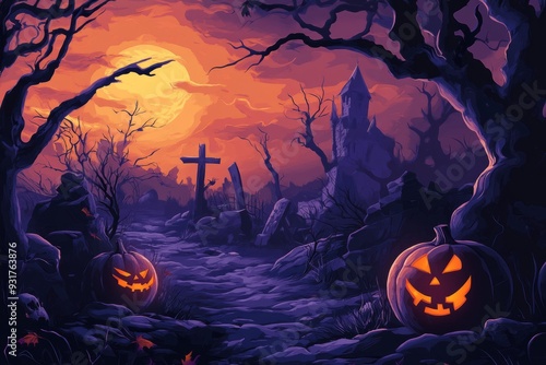 Halloween vector art illustration with dry trees and Halloween pumpkin on a graveyard