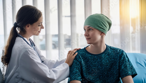 Adolescent cancer patient receiving care and counseling from oncologist for emotional well-being.