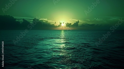 Dark green sunset above the Caribbean sea : Generative AI photo