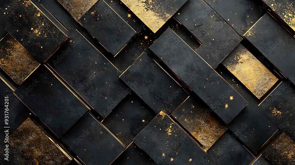 Abstract geometric pattern with black and gold rectangles with golden glitter. Abstract geometric pattern with black and gold rectangles with golden glitter.